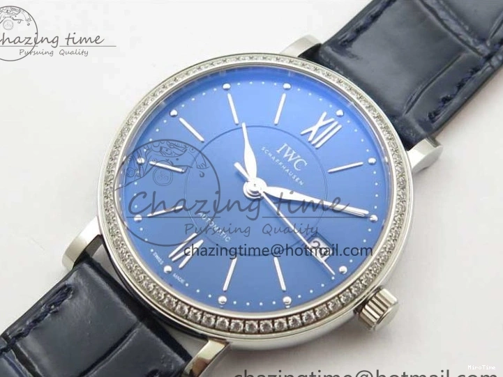 MIROTIME 1224 Portofino 37mm SS V7F 1:1 Best Edition Blue Dial Diamonds Bezel on Blue Leather Strap A Chic 7093